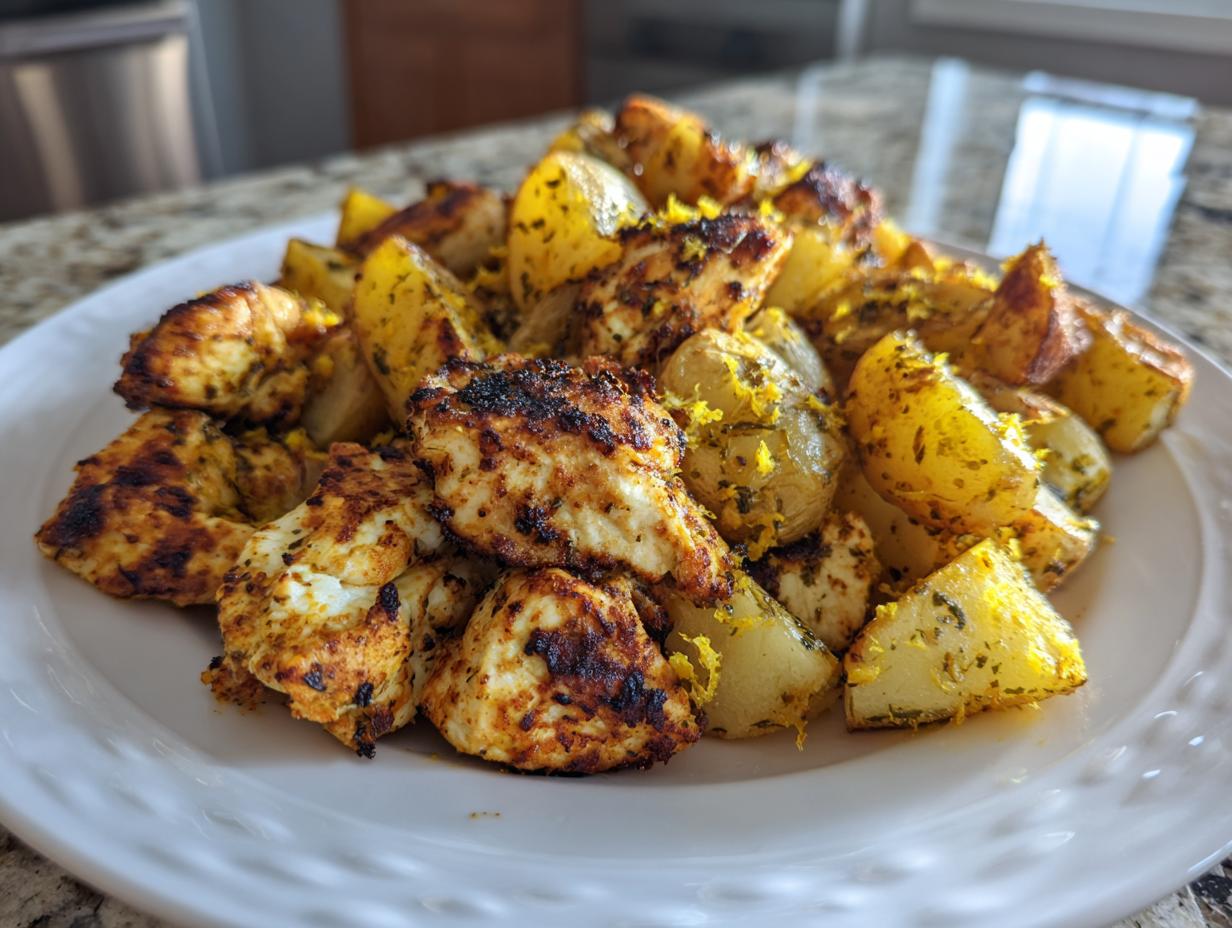 A plate of seasoned, browned air fryer greek chicken with potatoes, garnished with lemon zest.