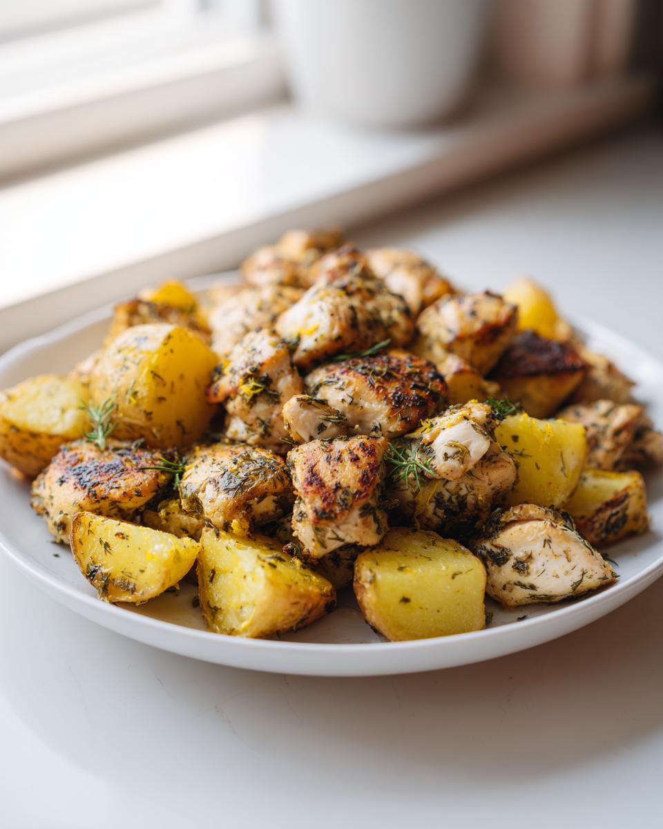 A white plate filled with seasoned, golden-brown air fryer greek chicken with potatoes chunks.