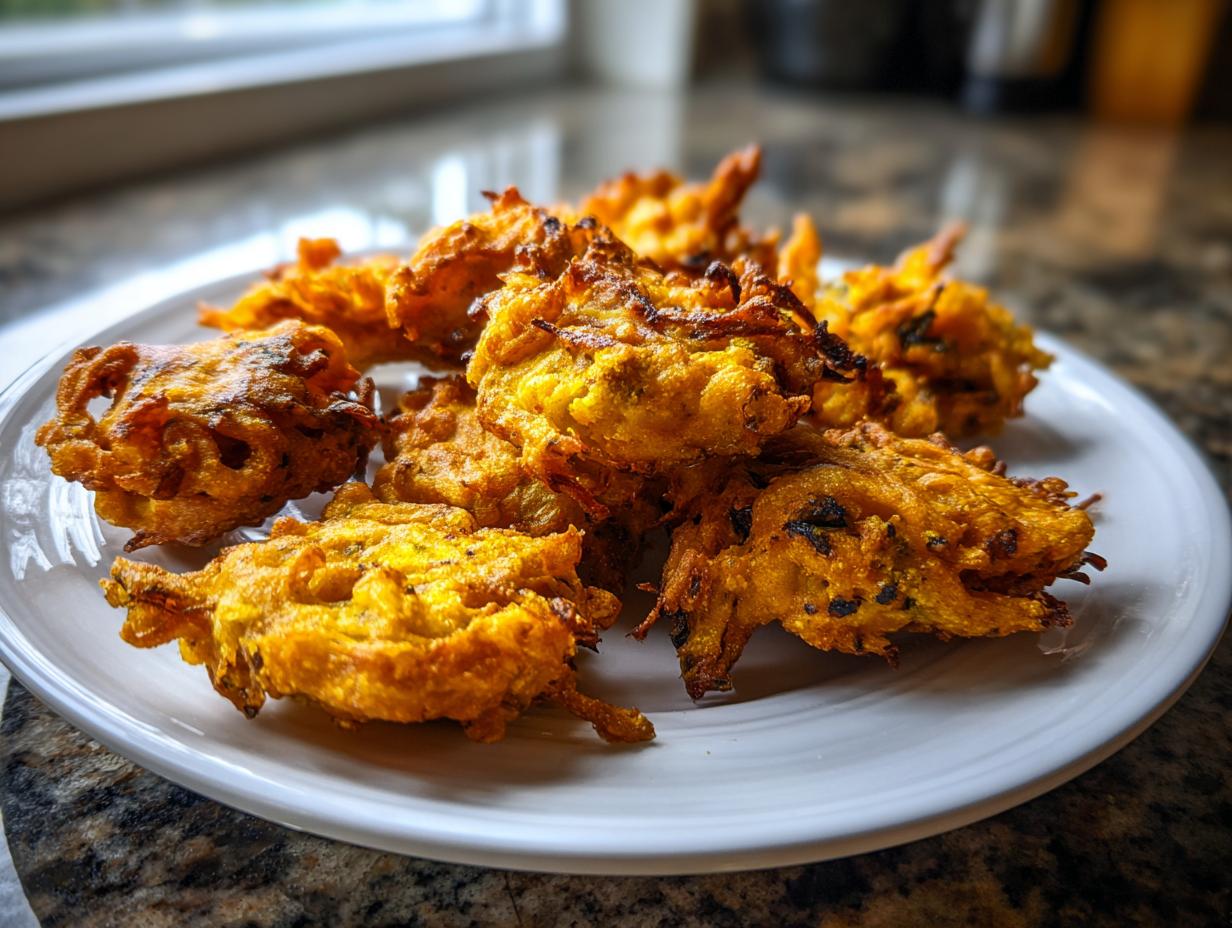 A pile of golden brown, crispy air fryer onion pakora served on a white plate, ready to eat.
