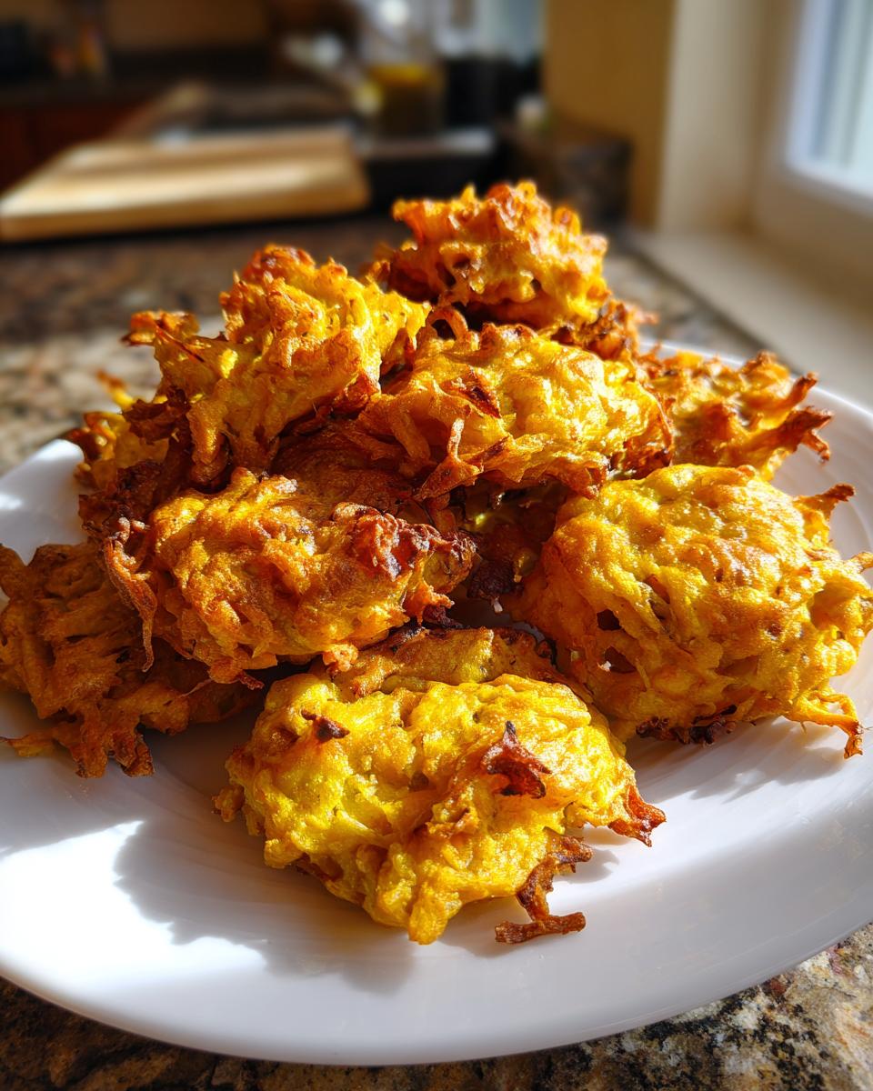 A pile of golden brown, crispy air fryer onion pakora served on a white plate, catching bright sunlight.