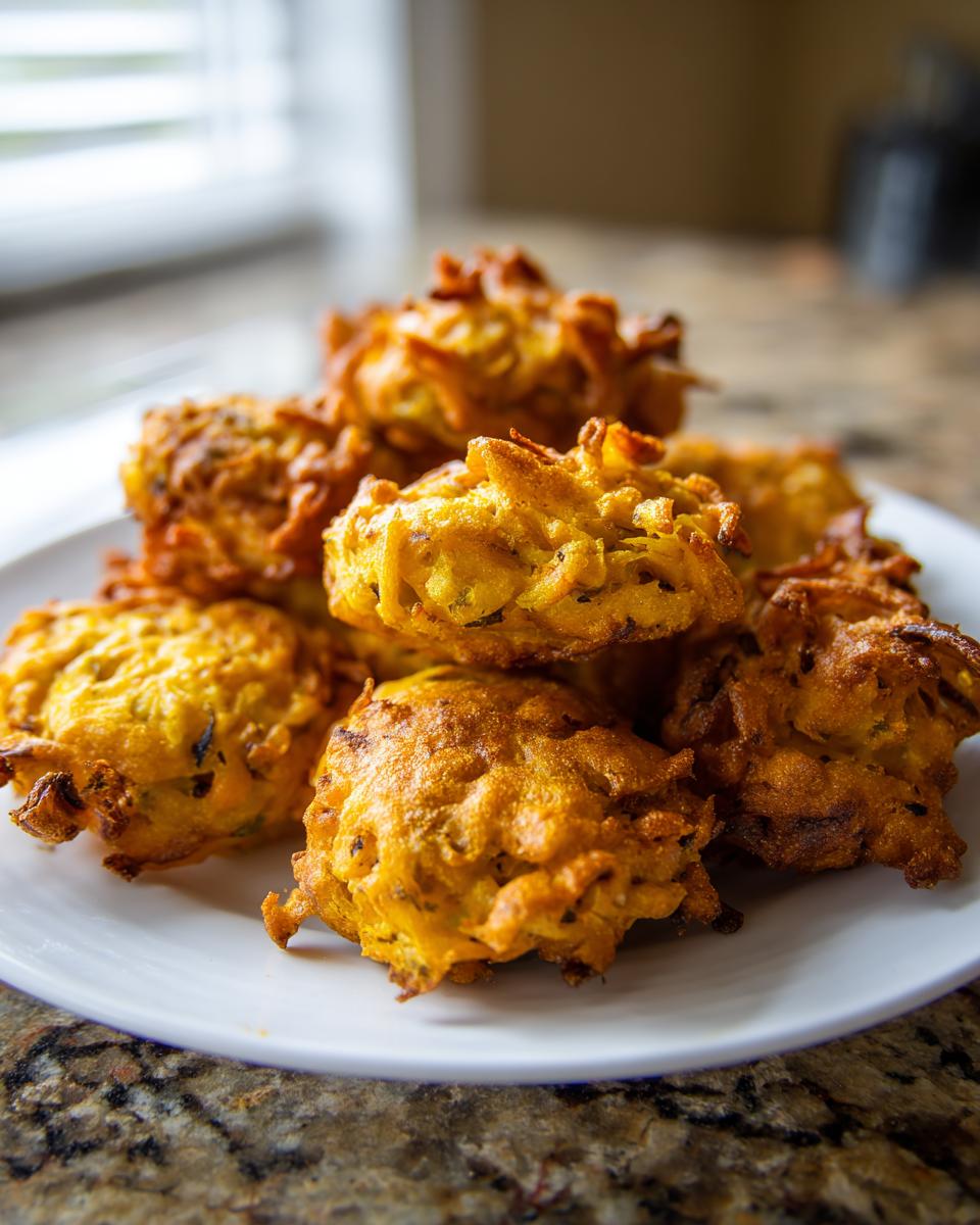 A stack of golden brown, crispy air fryer onion pakora served on a white plate.