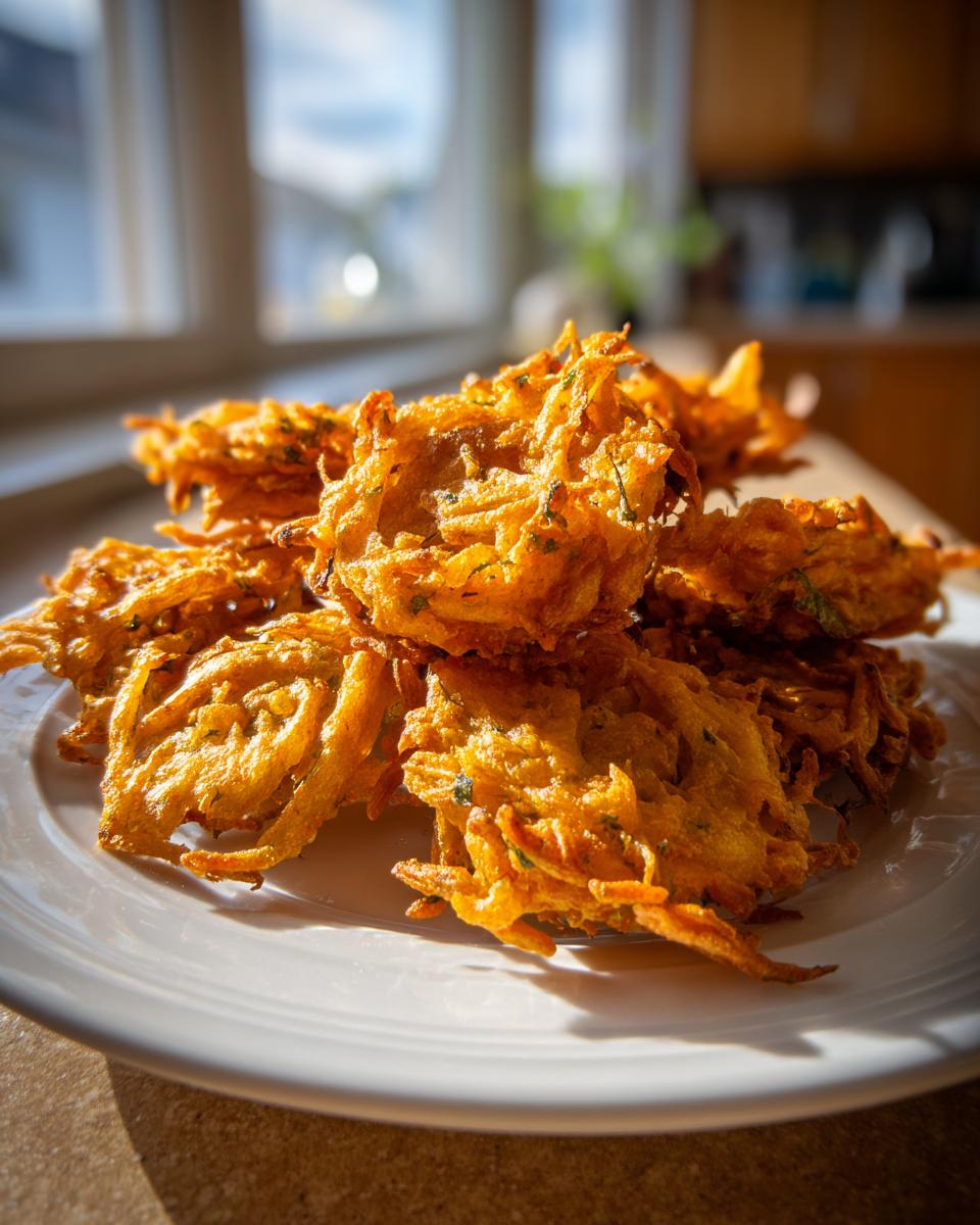 A pile of golden, crispy air fryer onion pakora stacked high on a white plate, backlit by a window.
