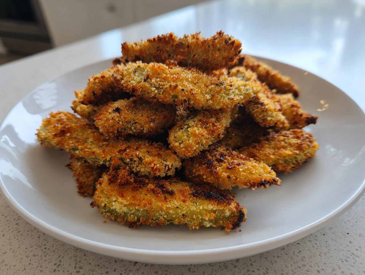 A mound of golden brown, crispy air fryer pickle fries stacked high on a white plate.