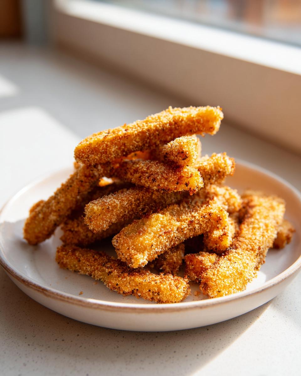 A pile of golden brown, crispy air fryer pickle fries stacked high on a small white plate near a window.
