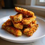 A stack of golden brown, crispy air fryer pickle fries seasoned with herbs on a white plate.