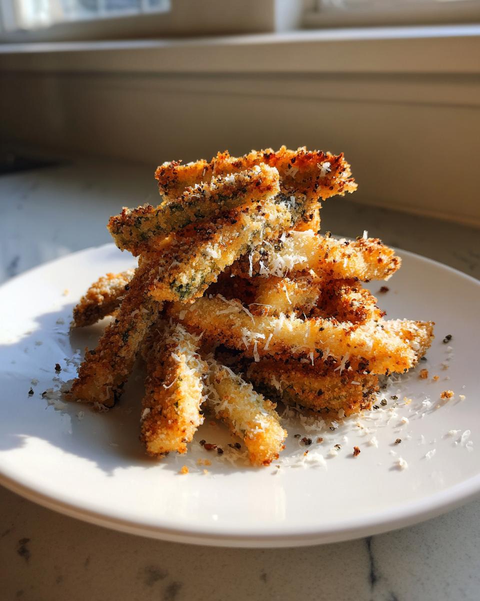 A stack of golden brown, crispy air fryer pickle fries topped with grated Parmesan cheese on a white plate.