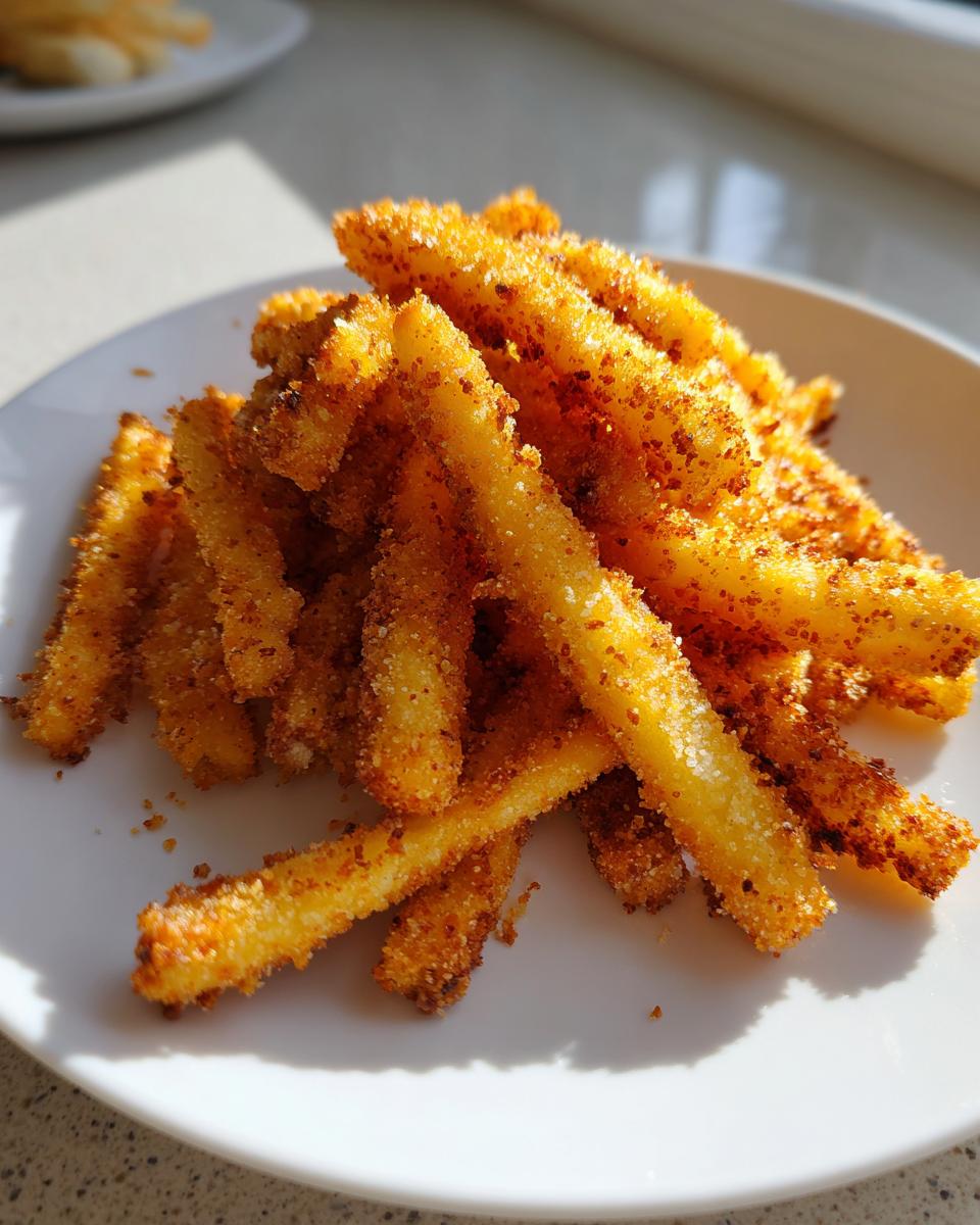 A close-up of a pile of golden, breaded air fryer pickle fries seasoned with spices, served on a white plate.
