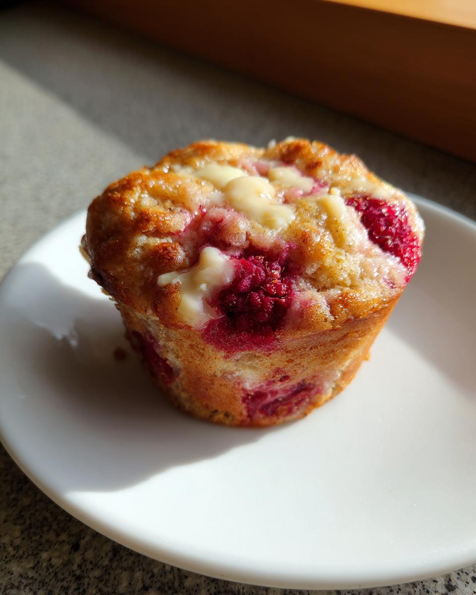 Close-up of a freshly baked air fryer raspberry and white chocolate muffin on a white plate.