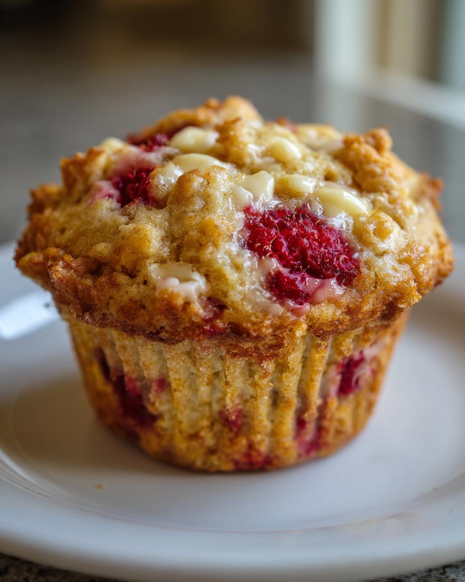 Close-up of a freshly baked air fryer raspberry and white chocolate muffin with melted white chocolate chips.