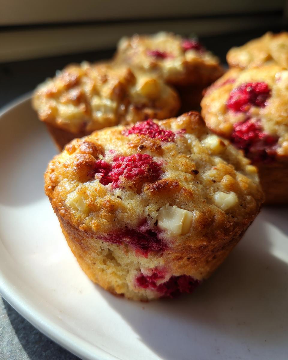Close-up of golden brown air fryer raspberry and white chocolate muffins on a white plate.