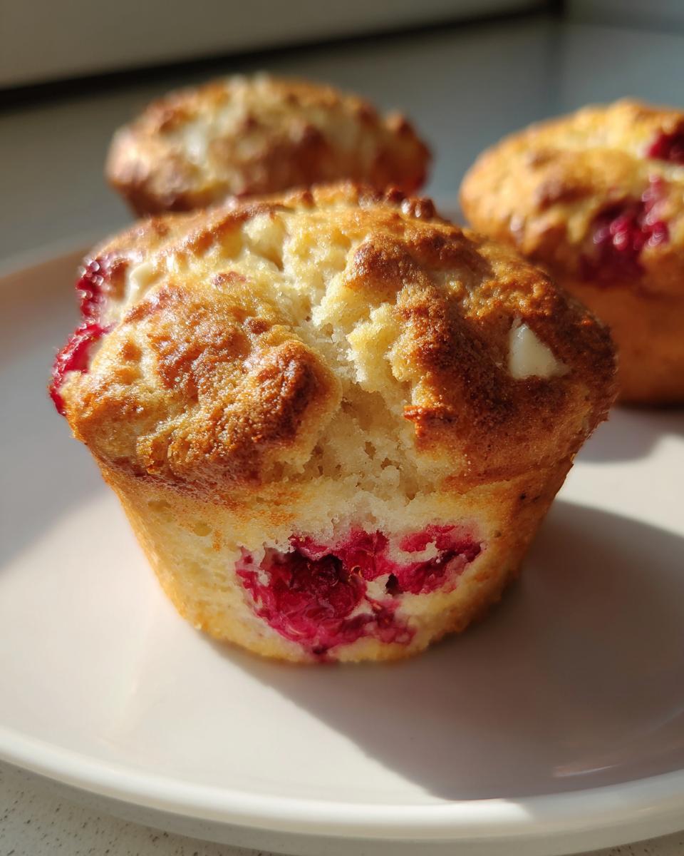 Close-up of a golden brown air fryer raspberry and white chocolate muffin showing bright red raspberries.