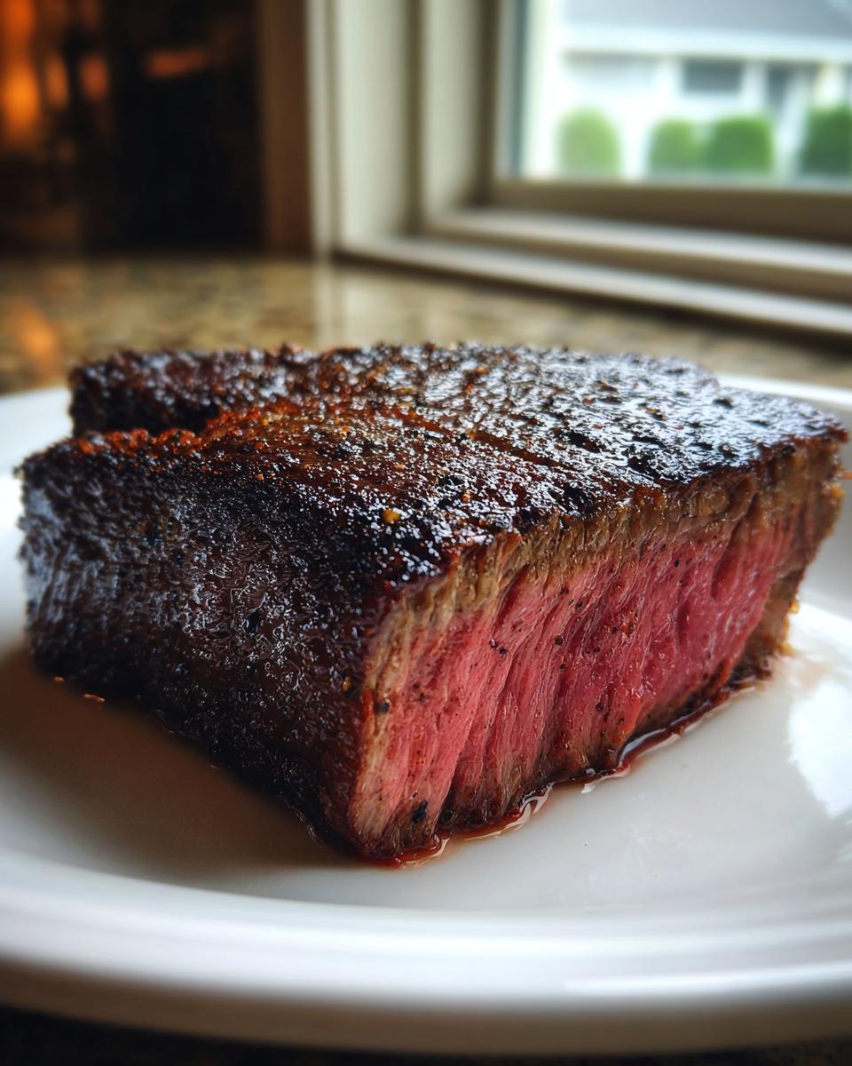Close-up of a thick, medium-rare air fryer steak showing a dark, seasoned crust and juicy pink interior.