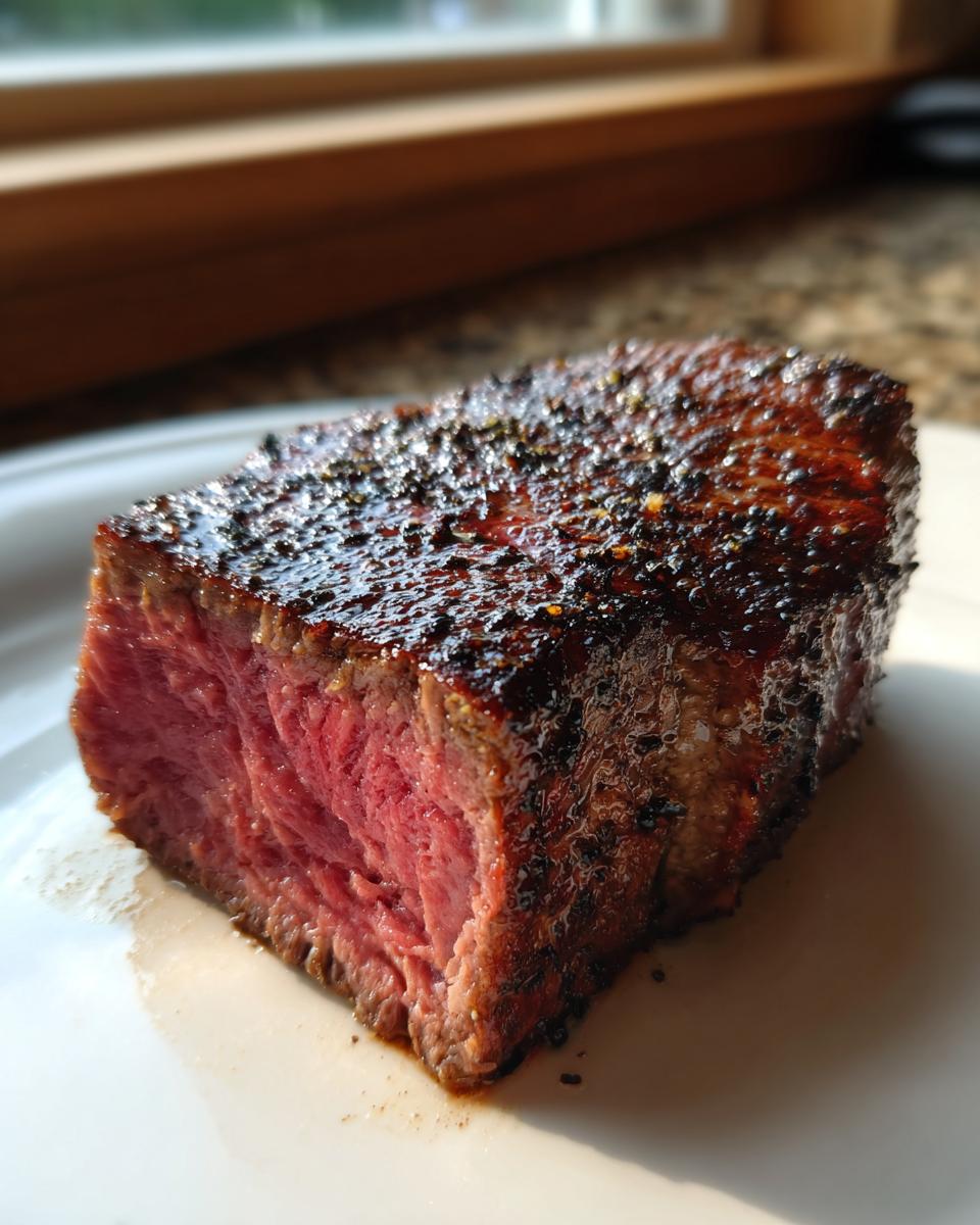 Close-up of a thick, perfectly cooked air fryer steak showing a beautiful medium-rare interior and dark, seasoned crust.