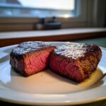 Two thick cuts of medium-rare air fryer steak showing a juicy pink center and dark sear on a white plate.