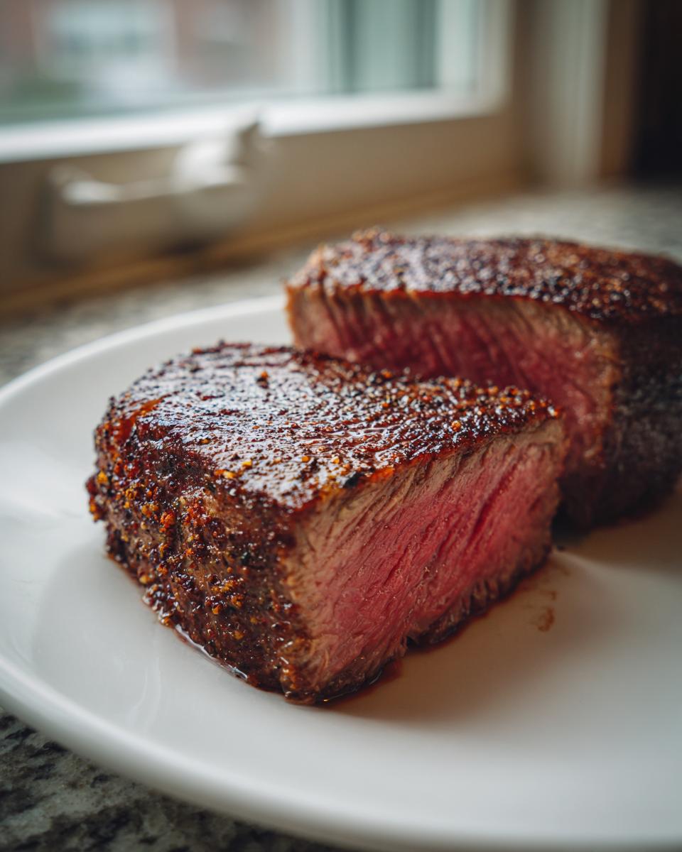 Close-up of a thick, perfectly seasoned air fryer steak, sliced to show a juicy medium-rare interior.