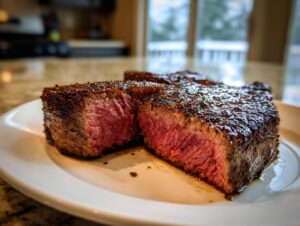 Close-up of a thick, perfectly seared air fryer steak, sliced to show a juicy medium-rare interior.