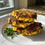 A stack of three golden brown air fryer zucchini patties garnished with fresh parsley on a white plate.