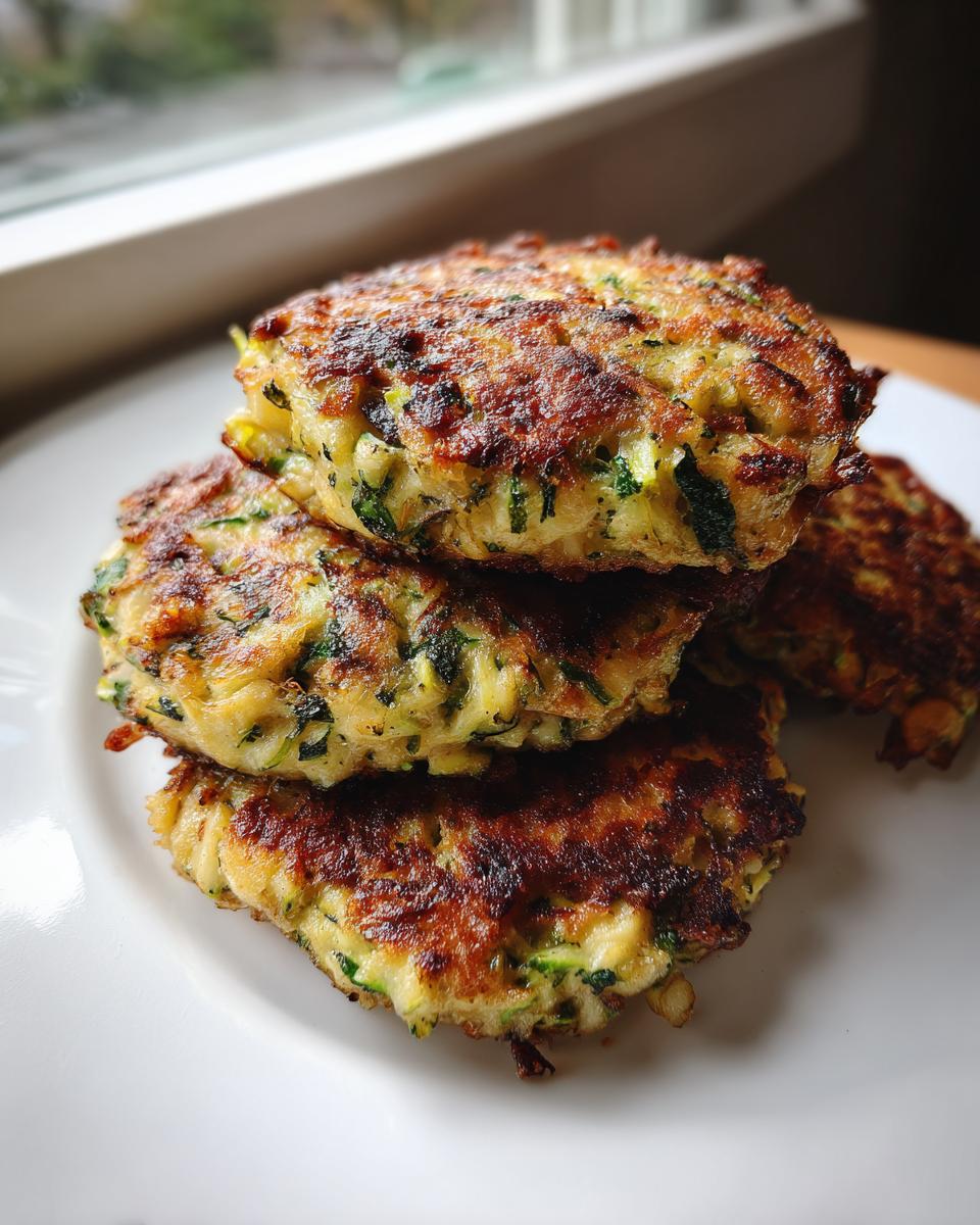 A stack of four golden-brown air fryer zucchini patties showing crispy edges and visible shredded zucchini.