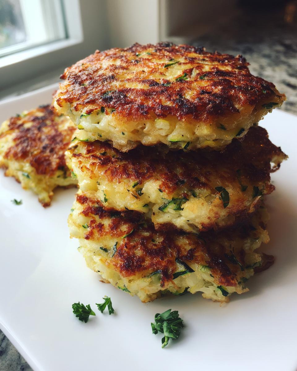 A stack of four golden-brown air fryer zucchini patties garnished with fresh parsley on a white plate.