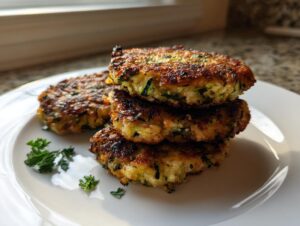 A stack of four golden-brown air fryer zucchini patties garnished with fresh parsley on a white plate.