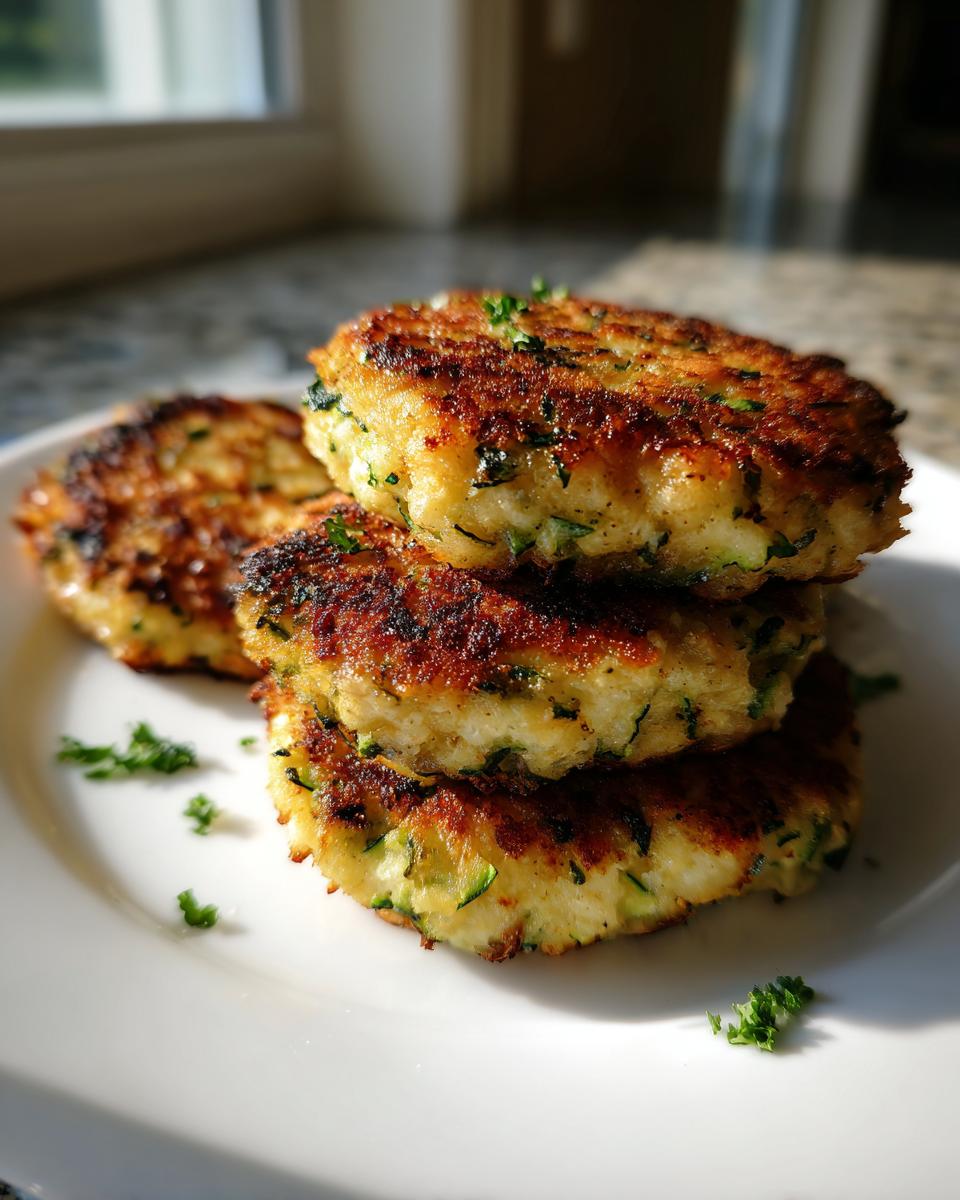 A stack of three golden-brown air fryer zucchini patties garnished with parsley on a white plate.