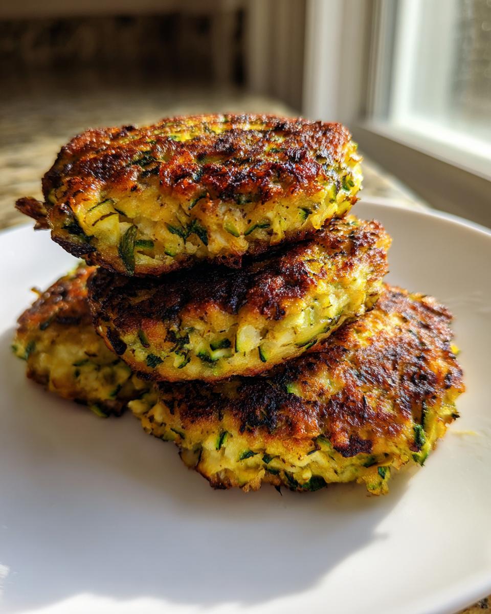 A stack of three golden-brown, crispy air fryer zucchini patties resting on a white plate.