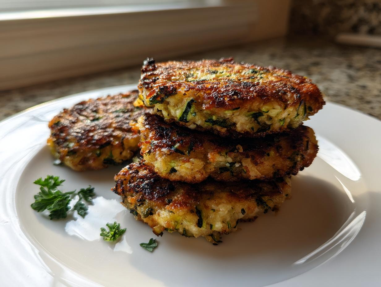 A stack of four golden-brown air fryer zucchini patties garnished with fresh parsley on a white plate.