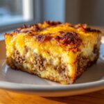 A close-up, tempting slice of a hearty breakfast casserole featuring layers of egg, meat, and a browned cheese topping.