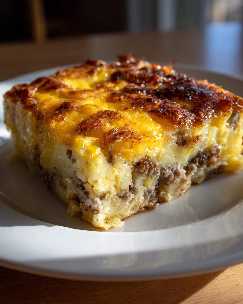 A golden-brown slice of hearty breakfast casserole with eggs, cheese, and sausage layers.