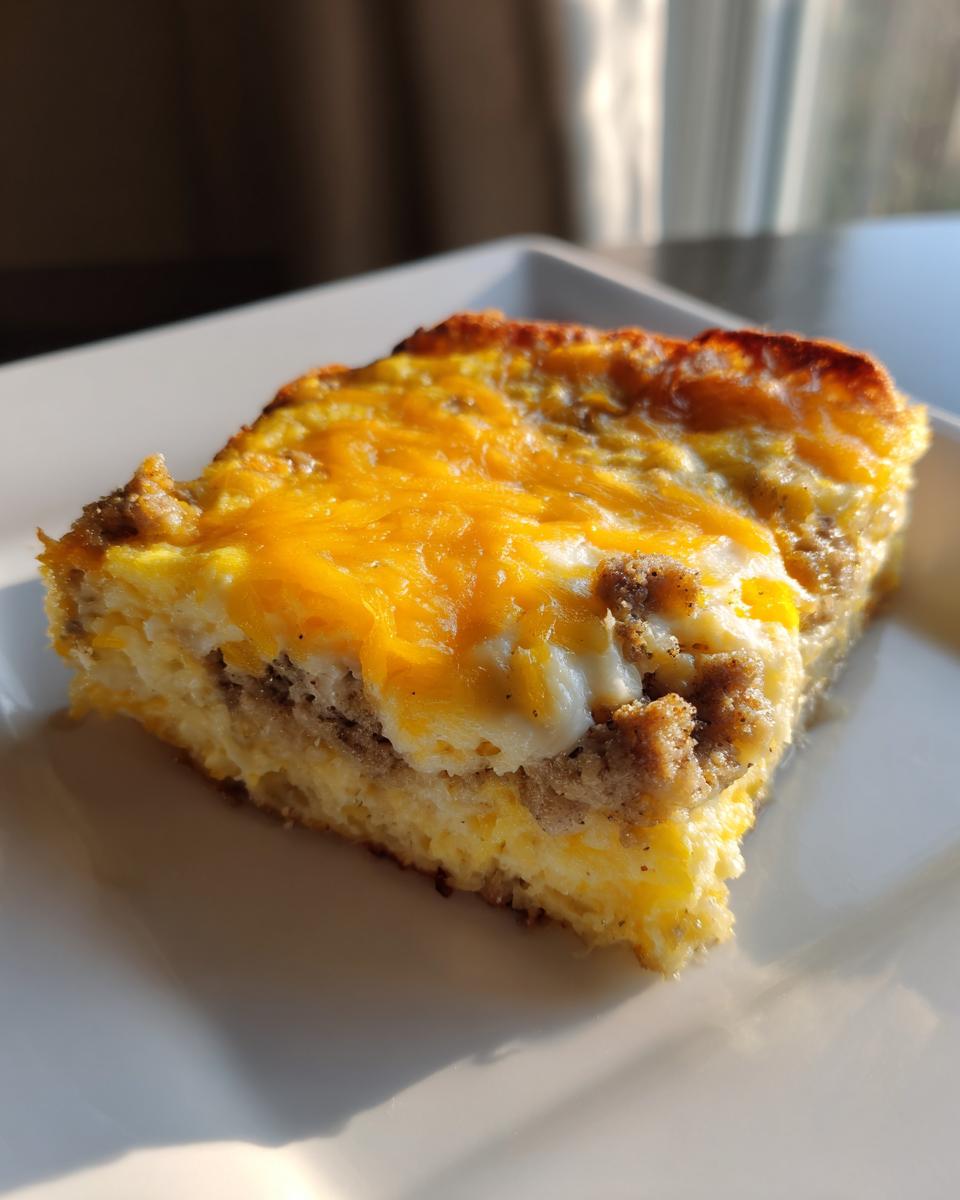 Close-up of a hearty slice of breakfast casserole with sausage, eggs, and melted cheddar cheese topping.