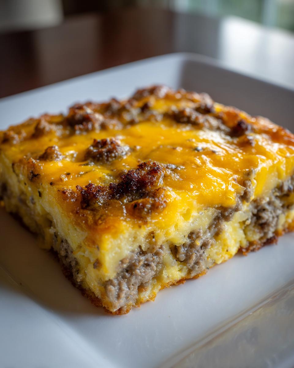 A close-up of a hearty slice of breakfast casserole topped with melted cheddar cheese and sausage.