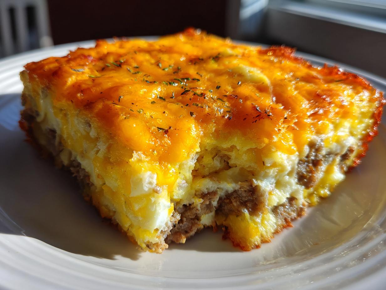 Close-up of a hearty slice of 12-egg breakfast casserole topped with melted cheddar cheese.