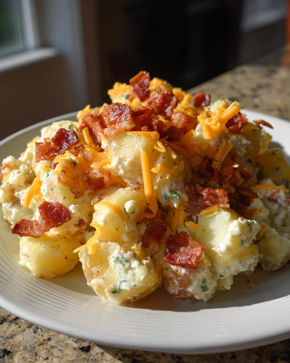 A mound of creamy baked potato salad topped generously with crispy bacon bits and shredded cheddar cheese.