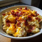 Close-up of a creamy baked potato salad loaded with chunks of potato, covered in shredded cheddar cheese and crispy bacon bits.