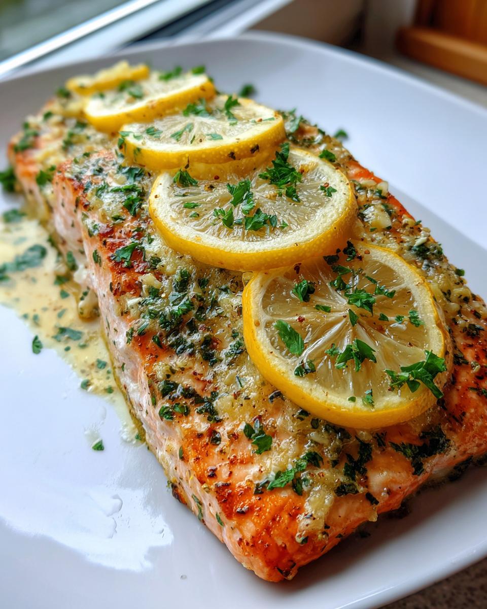 A close-up of a perfectly cooked baked salmon recipe fillet topped with lemon slices and fresh parsley.