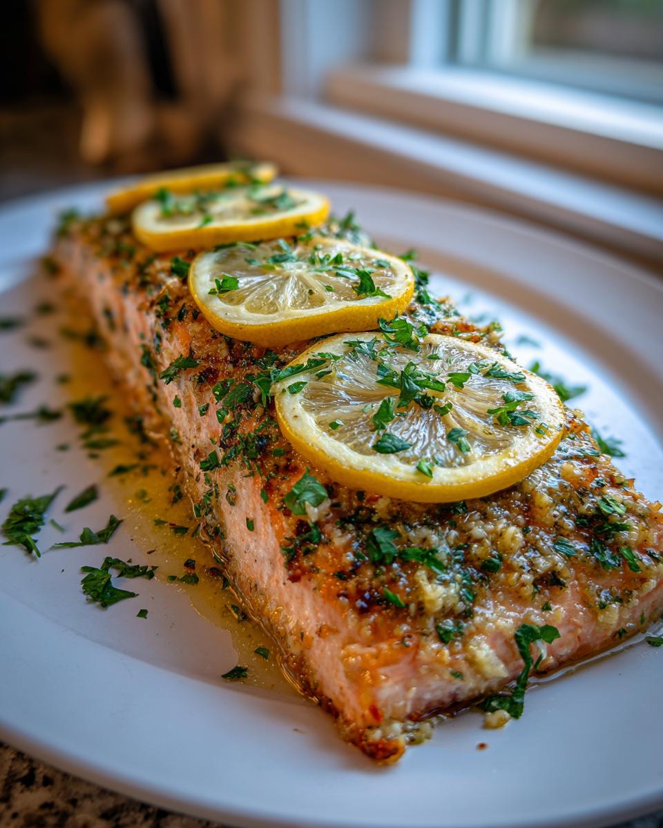 Close-up of a perfectly cooked baked salmon recipe fillet topped with garlic, parsley, and lemon slices.