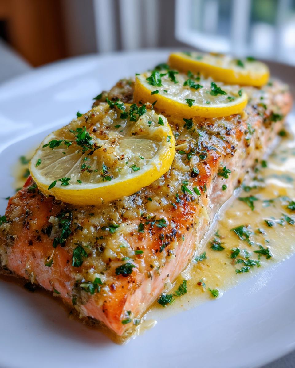Close-up of a moist baked salmon recipe fillet topped with lemon slices, garlic butter sauce, and fresh parsley.