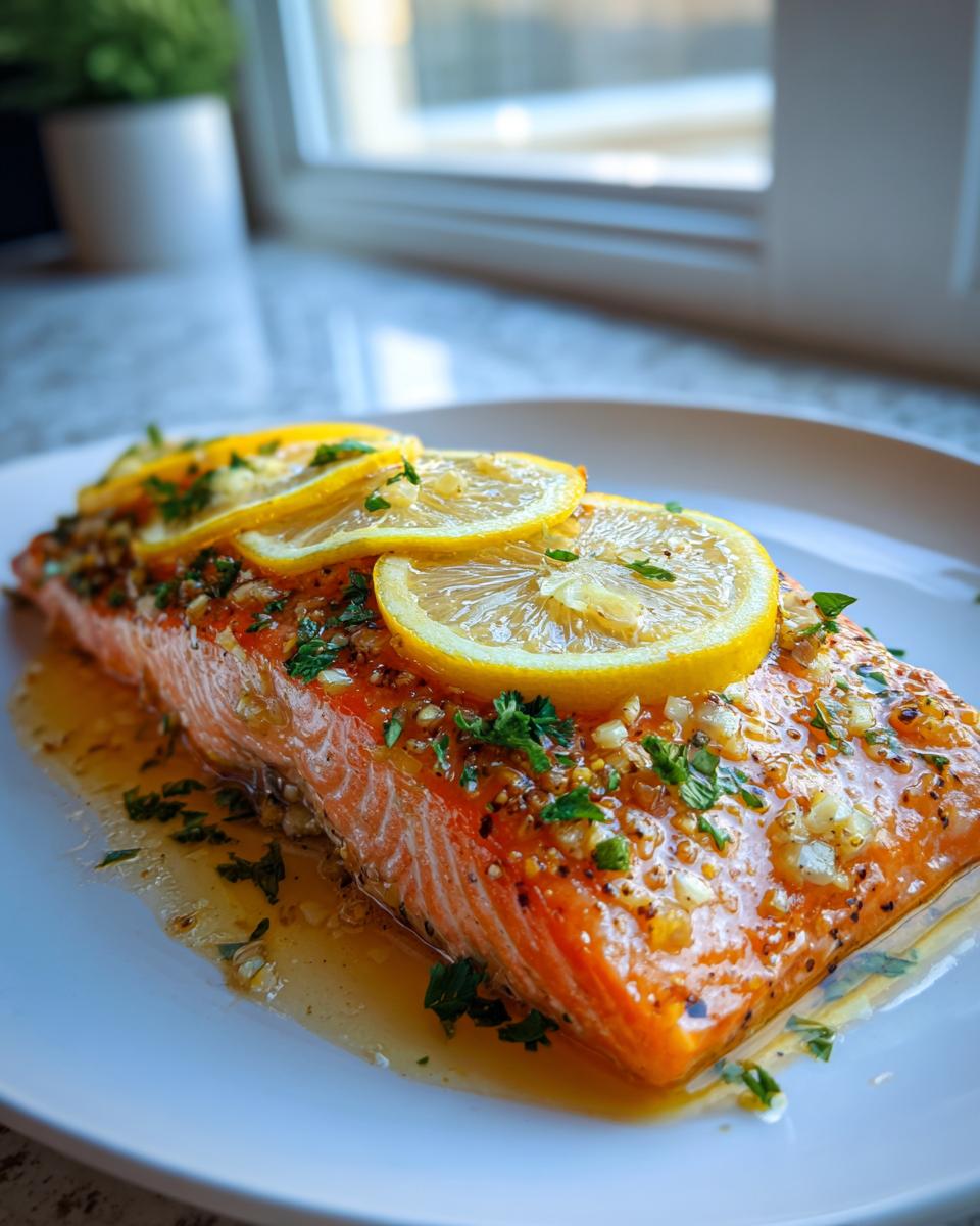 Close-up of a perfectly cooked baked salmon recipe fillet topped with lemon slices, garlic, and parsley.