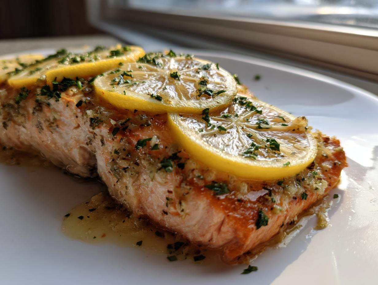 Close-up of a juicy baked salmon recipe fillet topped with thin lemon slices and fresh parsley.