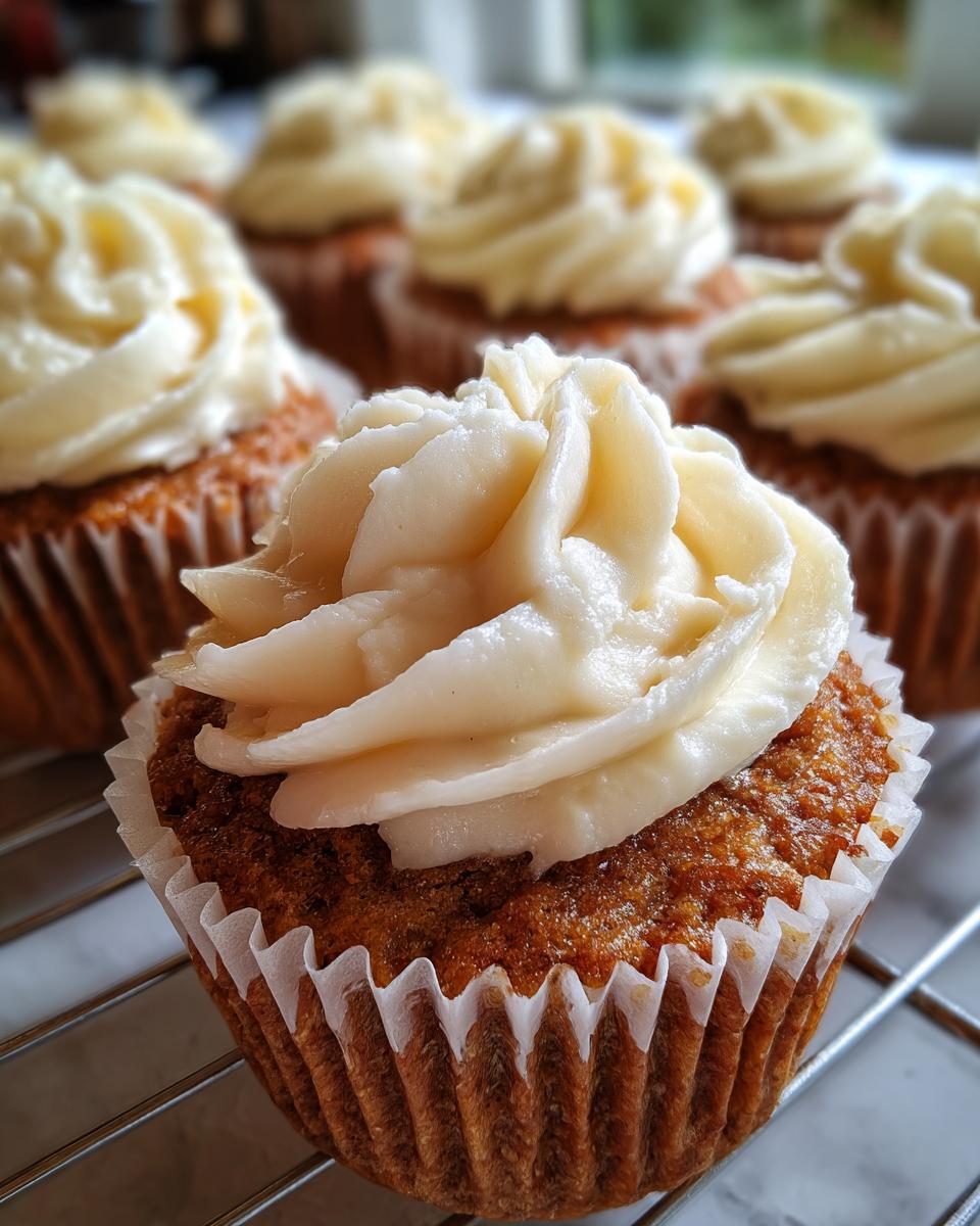 A close-up of a freshly baked banana cupcakes topped with thick, creamy white frosting, resting on a wire rack.