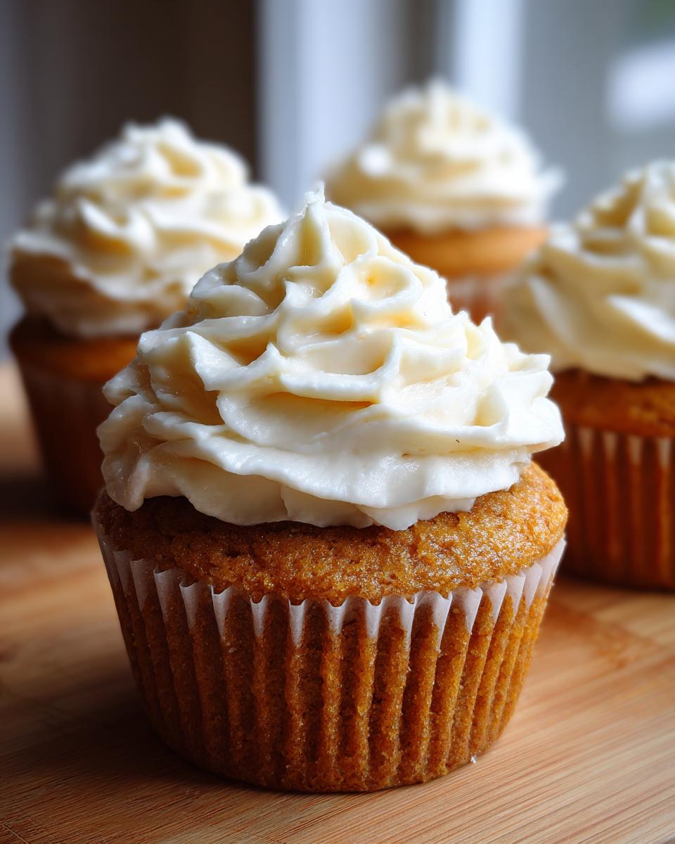 A close-up of a perfectly baked banana cupcakes topped with thick, swirled cream cheese frosting.