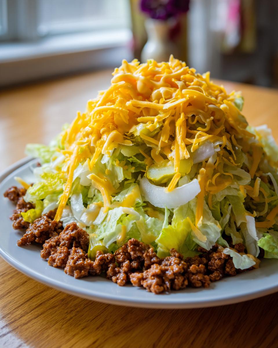 A plate featuring a towering big mac salad base of lettuce, pickles, onions, and shredded cheese, surrounded by seasoned ground beef.