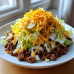 A close-up of a hearty big mac salad featuring seasoned ground beef, shredded lettuce, cheddar cheese, and pickles.