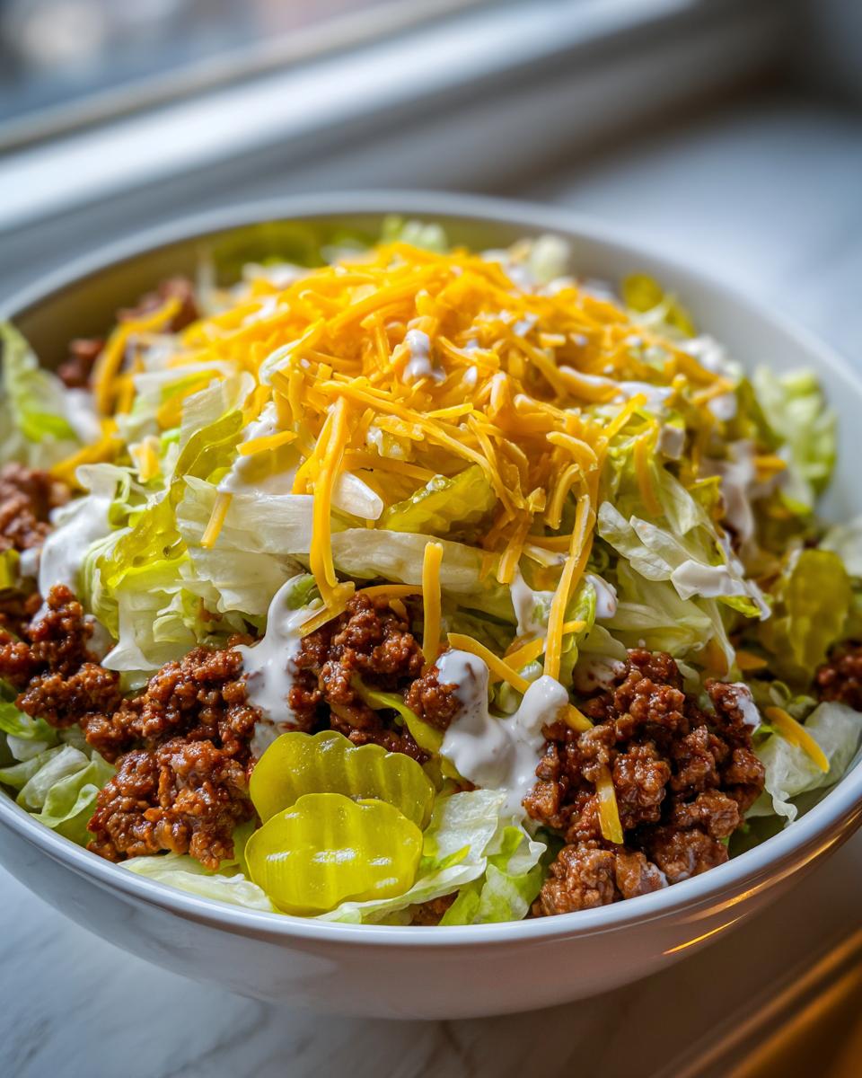 A close-up view of a delicious big mac salad featuring lettuce, seasoned ground beef, shredded cheddar cheese, pickles, and a drizzle of white sauce.