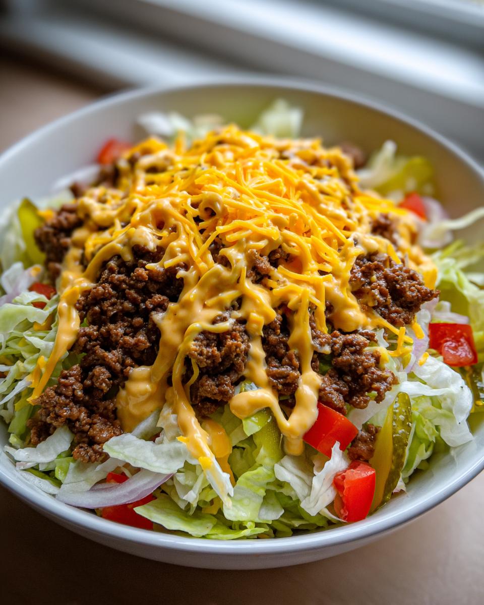 A close-up bowl of big mac salad featuring lettuce, ground beef, pickles, and a generous drizzle of special sauce and shredded cheddar.