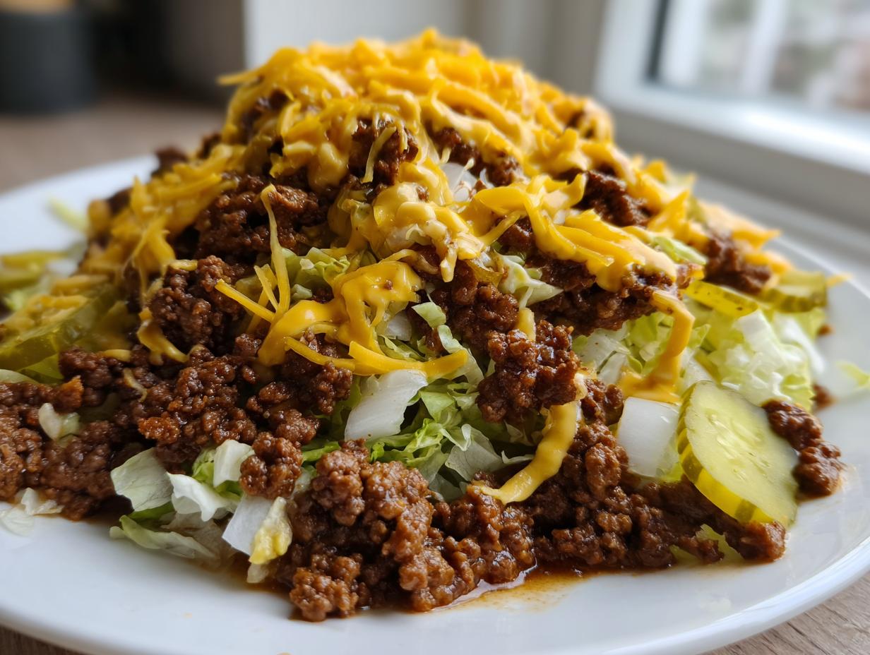 A close-up of a hearty big mac salad featuring seasoned ground beef, shredded lettuce, pickles, and melted cheddar cheese.