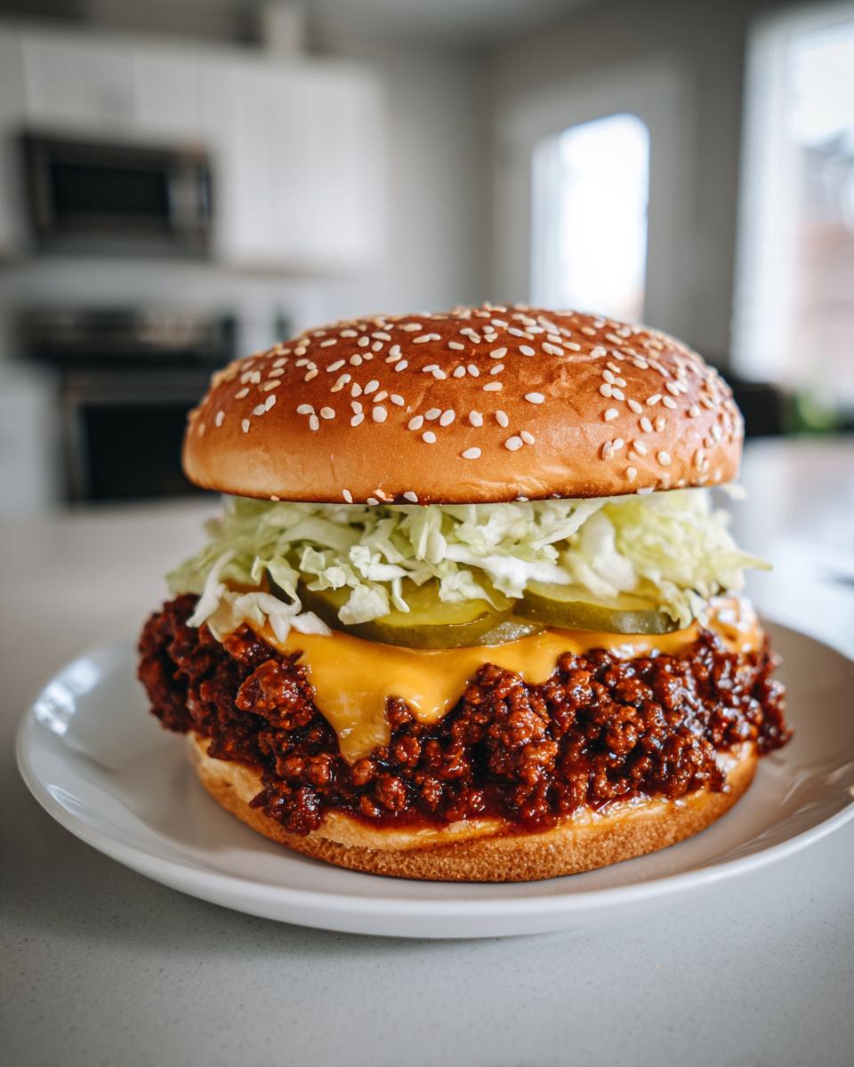 A tall, fully assembled big mac sloppy joes sandwich featuring a sesame seed bun, cheesy meat mixture, pickles, and shredded lettuce.