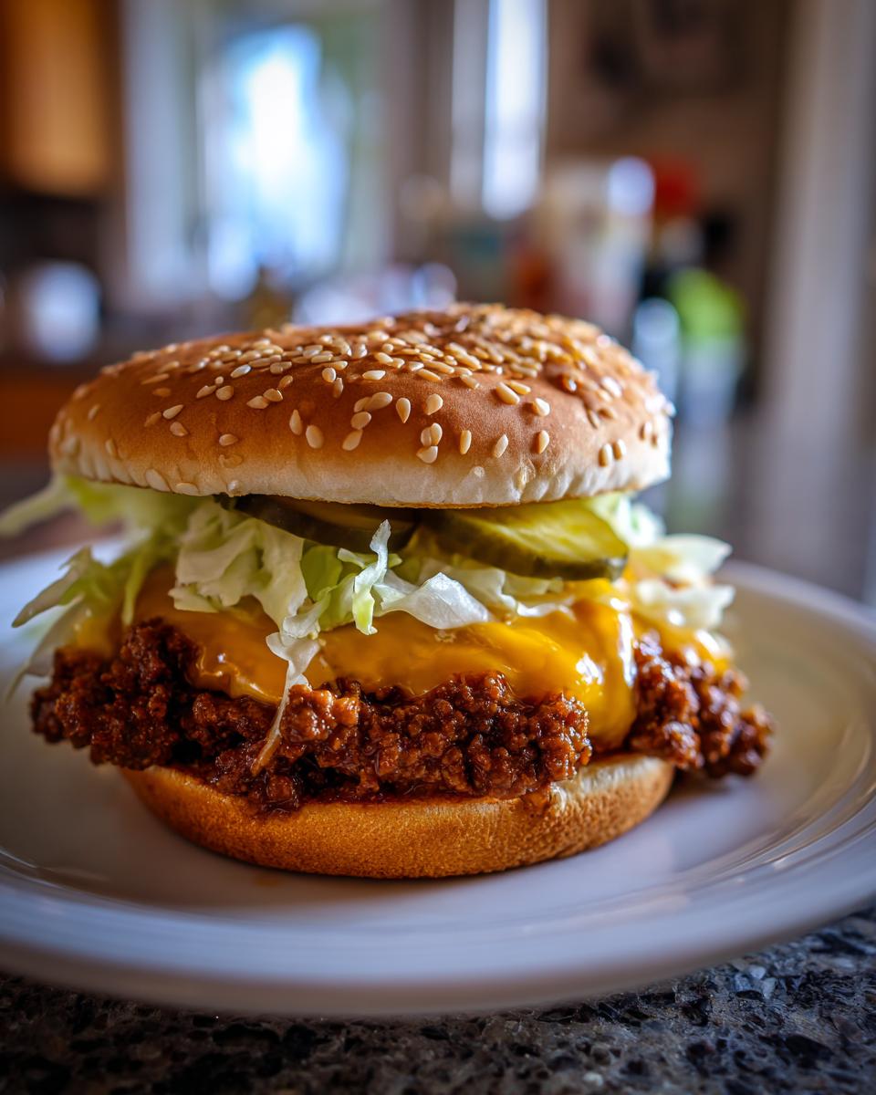 A delicious big mac sloppy joes sandwich served on a sesame seed bun with melted cheese, lettuce, and pickles.