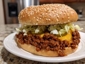 A close-up of a juicy big mac sloppy joes sandwich featuring seasoned meat, melted cheese, pickles, and shredded lettuce on a sesame seed bun.