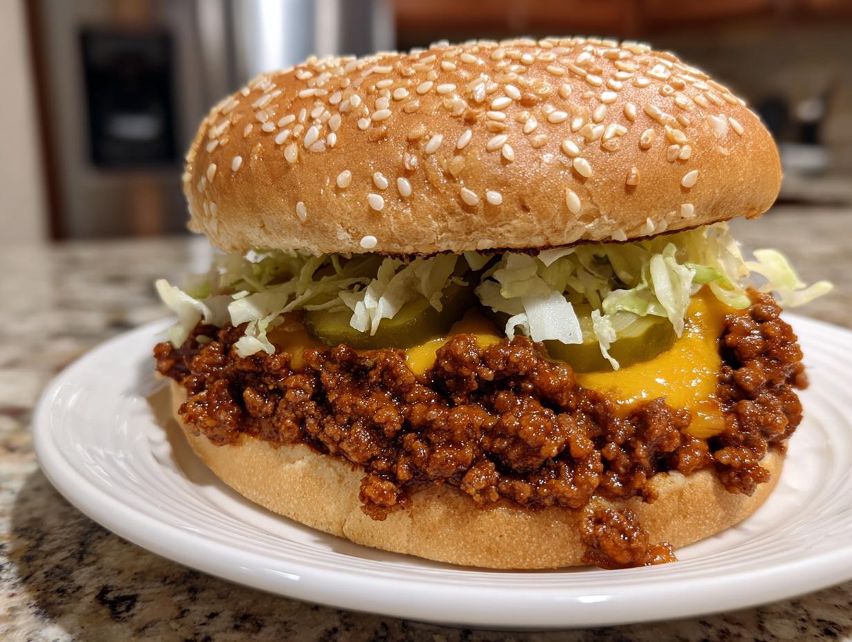 A close-up of a juicy big mac sloppy joes sandwich featuring seasoned meat, melted cheese, pickles, and shredded lettuce on a sesame seed bun.